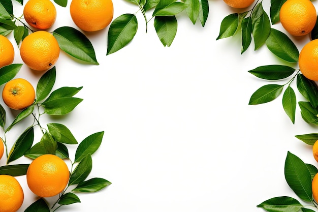 Top down view of isolated orange fruits and green leaves against a white background