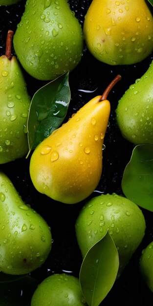 Top down view of pear with drops of water