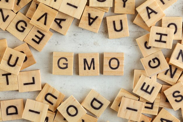 Top down view, pile of square wooden blocks with letters GMO (stands for Genetically Modified Organism) on white board.