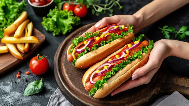 A top down view of a platter of gourmet hotdogs with hands