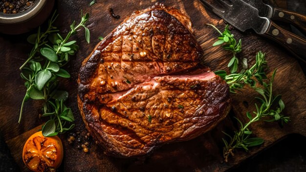 Foto vista dall'alto della costata di manzo tagliata alla griglia con spezie servite su tagliere cibo gourmet ai generativo