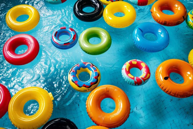 Photo top down view of a summer swimming pool full of inflatable pool floats