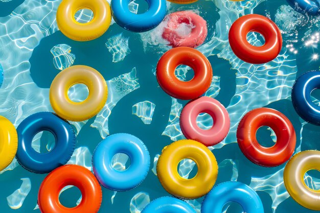 Top down view of a summer swimming pool full of inflatable pool floats