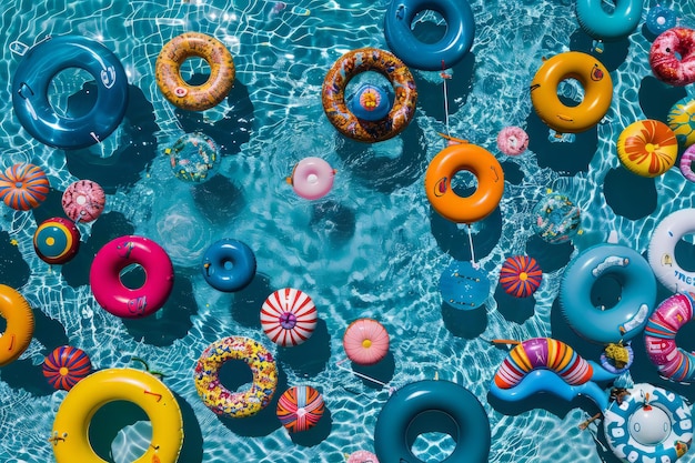 Top down view of a summer swimming pool full of inflatable pool floats