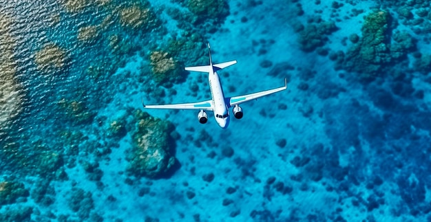 Foto vista dall'alto in basso dell'aereo bianco che sorvola il concetto di vacanza di viaggio sull'oceano blu del mare immagine generata dall'ia