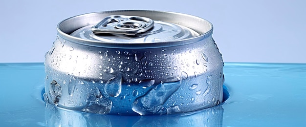 Photo top of drink tin can iced submerged in frost ice metal aluminum beverage