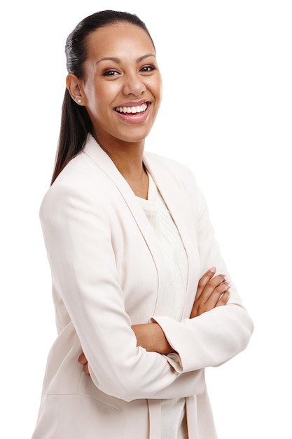 Photo on top and feeling great portrait of an attractive young businesswoman with her arms folded isolated on white