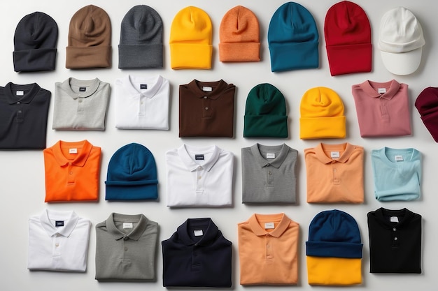 Top foto mode t-shirts beanie hoodie hoed en polo shirt op een witte achtergrond
