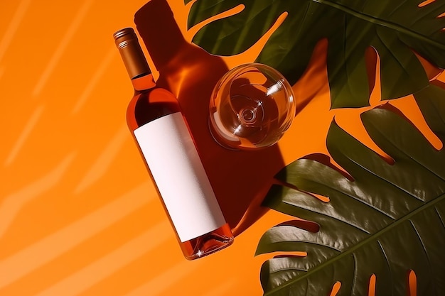 オレンジ色の背景に熱帯の葉の跡の白いボトルとワイングラスの上部の地平線 AIが生成したクリエイティブリソース