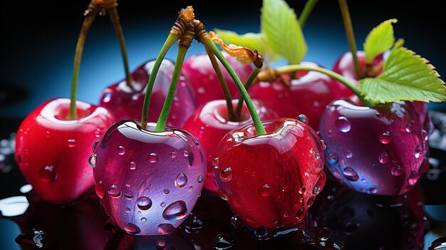 Top image of several red fresh cherries with water droplets on a dark background Generative AI