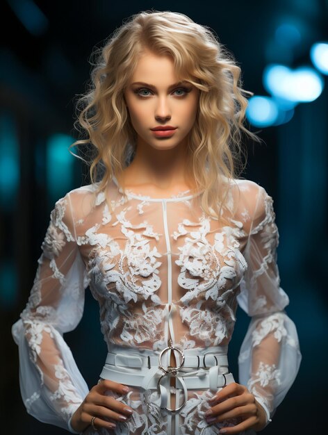 Top Model with Blonde Hair and Blue Eyes in Lace Dress