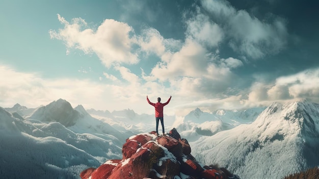 on top of a mountain a man is standing up with his arms raised