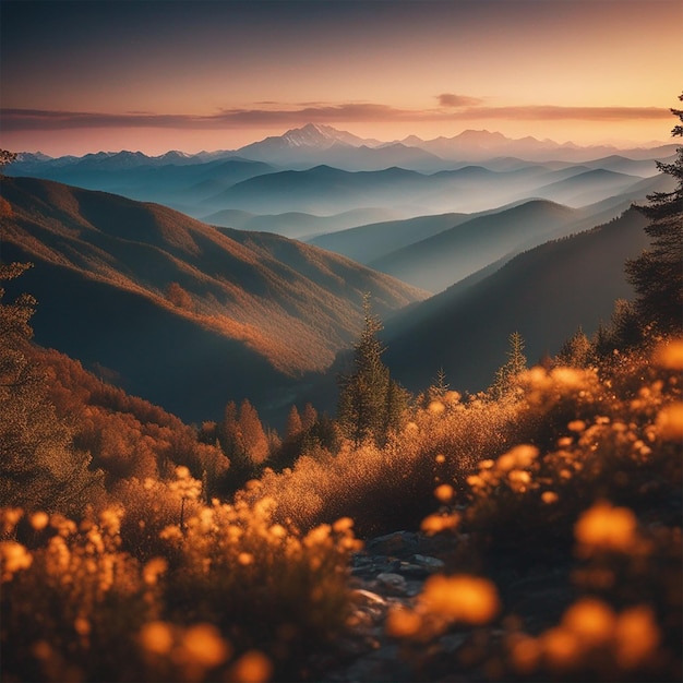 Top Mountain Nature Within Sunset Background