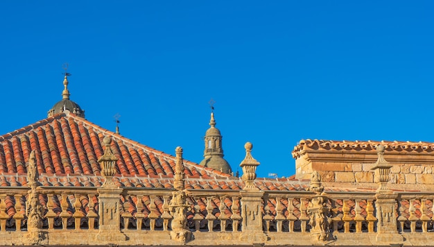 Top of the ornate stone fence of the University of Salamanca cloister and orange stone tile roof
