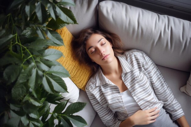 Top overhead view young peaceful woman lying on sofa at home Female feels sick suffers from illnes