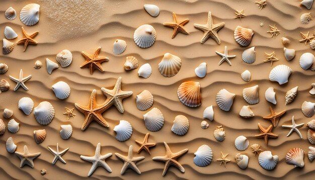 Photo top perspective on a sandy ocean side surface with engravings of outlandish shells