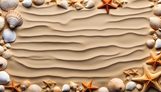 Photo top perspective on a sandy ocean side surface with engravings of outlandish shells