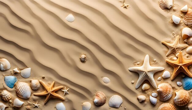 Photo top perspective on a sandy ocean side surface with engravings of outlandish shells