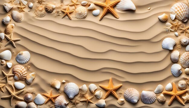 Photo top perspective on a sandy ocean side surface with engravings of outlandish shells