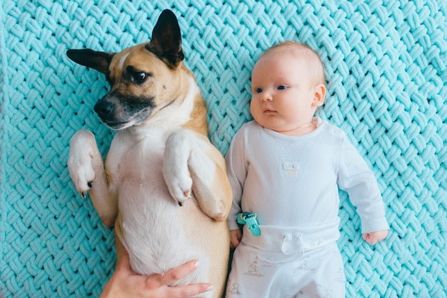 top portrait of Newborn baby lying with cute funny puppy on bed.