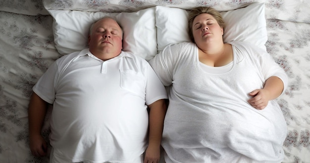 Top portrait of overweight man snoring loudly while sleeping next to his fat wife in their bedroom t