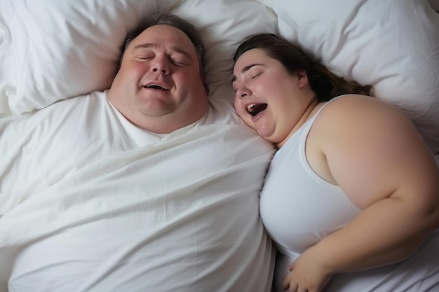 Верхний портрет толстого мужчины, который громко храпит, когда спит рядом со своей толстой женой в их спальне.