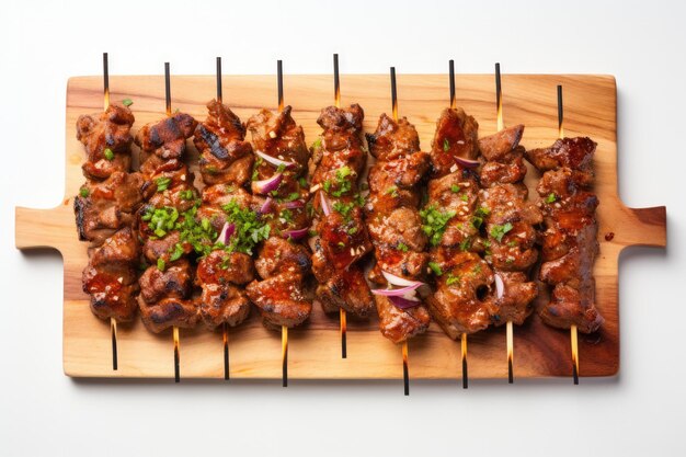 Top Satay Skewers op een houten plank op witte achtergrond