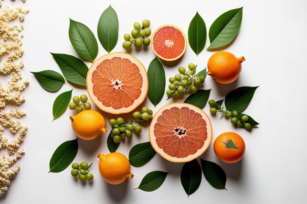 Top shot of grapefruits and foliage on a white backdrop tangerine fruits