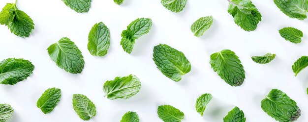 top shot of mint leaves on white background