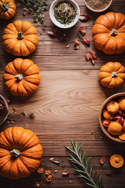 Top Shot of the pumpkins and herbs on a wooden table template