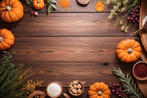 Top Shot of the pumpkins and herbs on a wooden table template