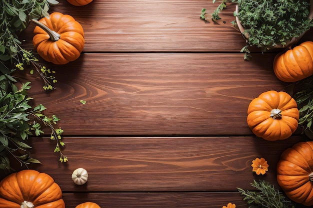 Top Shot of the pumpkins and herbs on a wooden table template