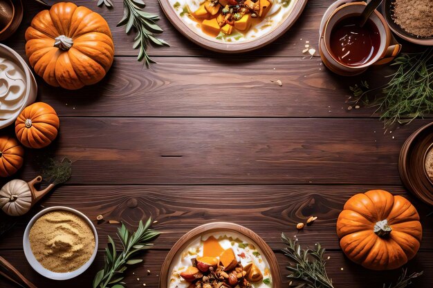 Top Shot of the pumpkins and herbs on a wooden table template