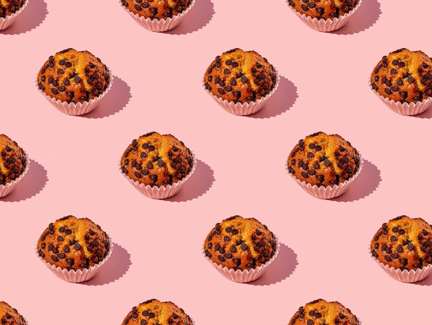 Top shot seamless pattern of a yummy chocolate chips cupcake on a pink background