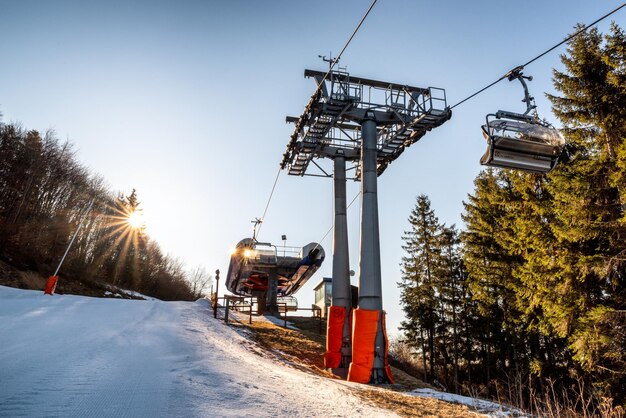 Top station of skilift chair at Salamandra resort in winter season Slovakia