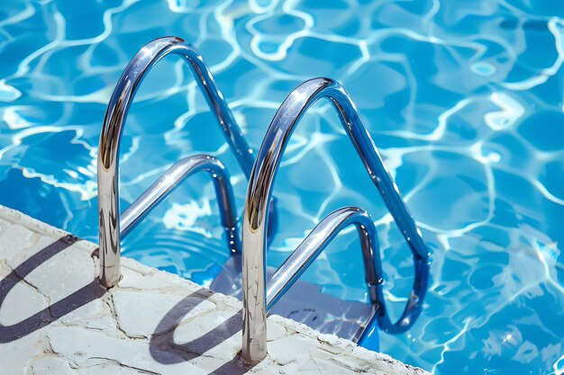 Photo the top step and chrome handrails of a swimming pool