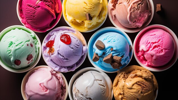 다양한 종류의 생동감 넘치는 아이스크림이 진열된 테이블 상단 Generative AI