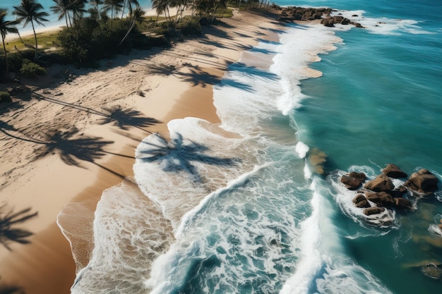 Top uitzicht op drone shot zandstrand palmbladeren en golven landschappen