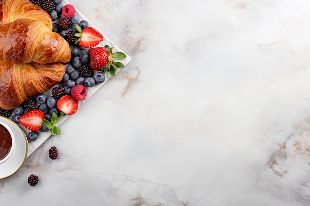 Top uitzicht van croissant verse bessen chocopasta boter en kopje koffie op de achterkant van de marmeren textuur