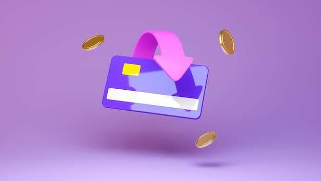 Top up Credit card with cash with arrow icon and coins on Purple studio background Credit or debit