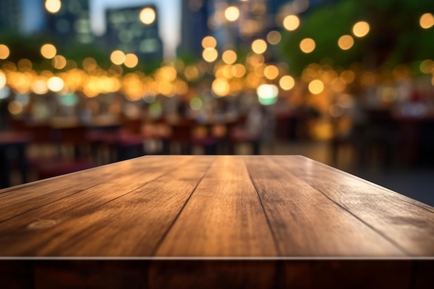 Top van houten tafel met Blurred Bar Interieur restaurant achtergrond