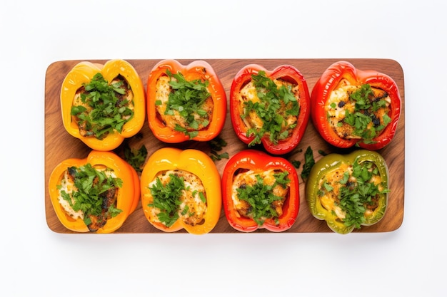 Top Vegan Stuffed Bell Peppers op een houten board op witte achtergrond