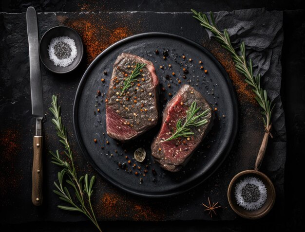 Top view of 2 Beef steak with spices created with Generative AI technology