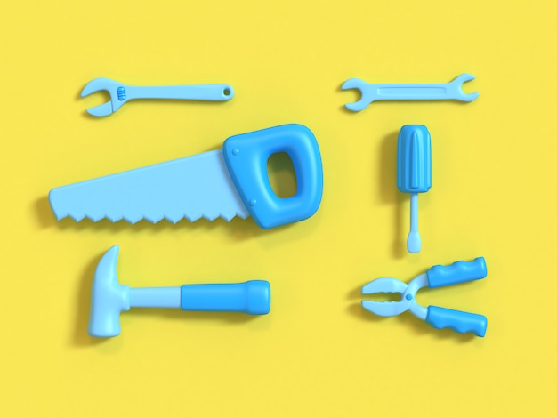 top view 3d tools set group cartoon style yellow background minimal 3d rendering,craft-technician-engineer tools.