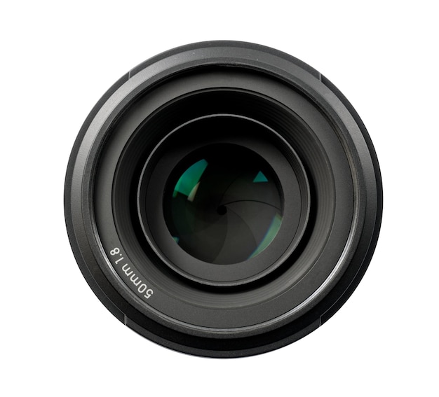 Top view of a 50mm professional optical lens for modern DSLR cameras isolated on a white background High resolution image PNG file with transparent background