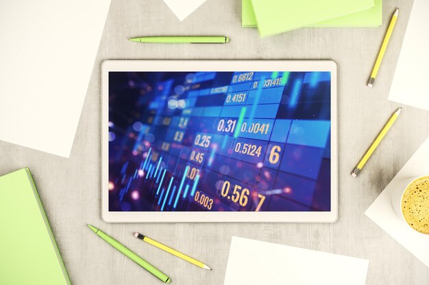 Photo top view of abstract creative financial diagram on modern digital tablet display banking and accounting concept 3d rendering