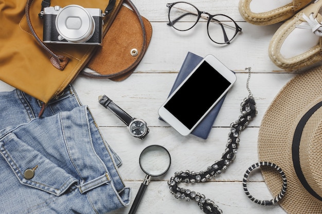 top view accessories to travel with man clothing concept. 