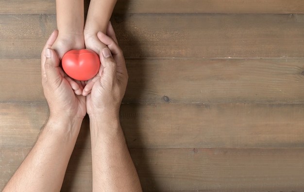 Top view of adult and child holding red heart in hands