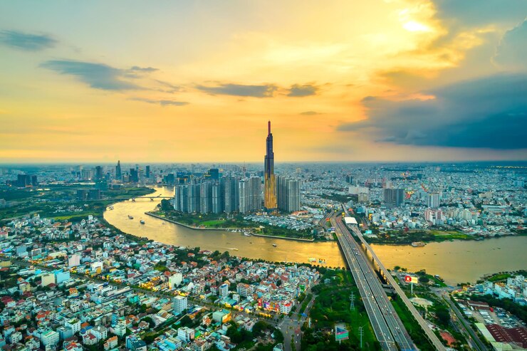 Photo top view aerial of center ho chi minh city, vietnam, beauty skyscrapers along river urban developmen