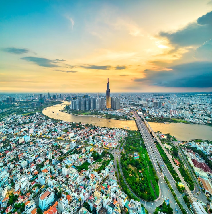 Photo top view aerial of center ho chi minh city, vietnam, beauty skyscrapers along river urban developmen